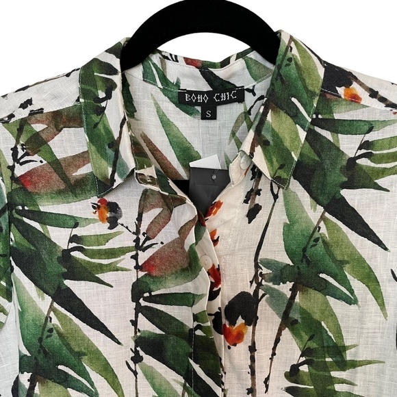 NEW Boho Chic 100% Linen Palm/Floral Print Collared 3/4 Sleeves Tunic Top. Sz. S - Picture 4 of 14